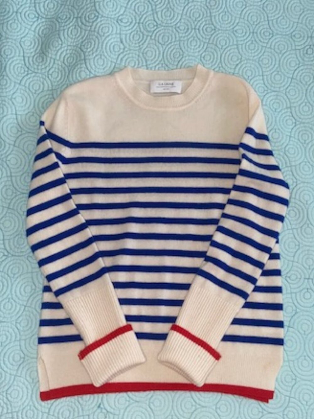 La Ligne Lean Lines 100% Cashmere Sweater in Size XS Cream, Blue & Red - Picture 9 of 9
